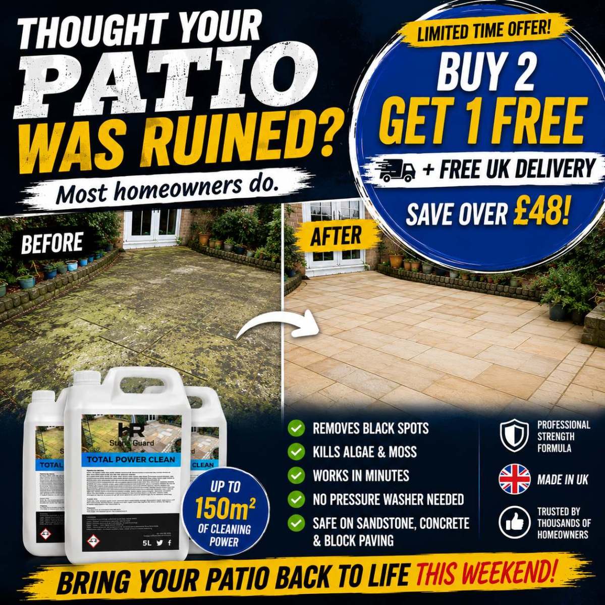 Save and free delivery a great offer for the best patio cleaner uk just 3 bottles for the price of 2
