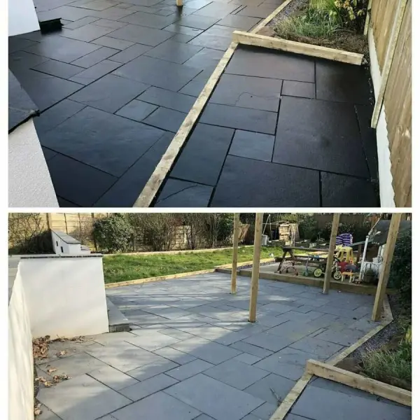 Black Limestone sealer on a limestone floor, before and after image of the sealer and how its bring out the colour in the stone and protecting it from water and oil based stains.
