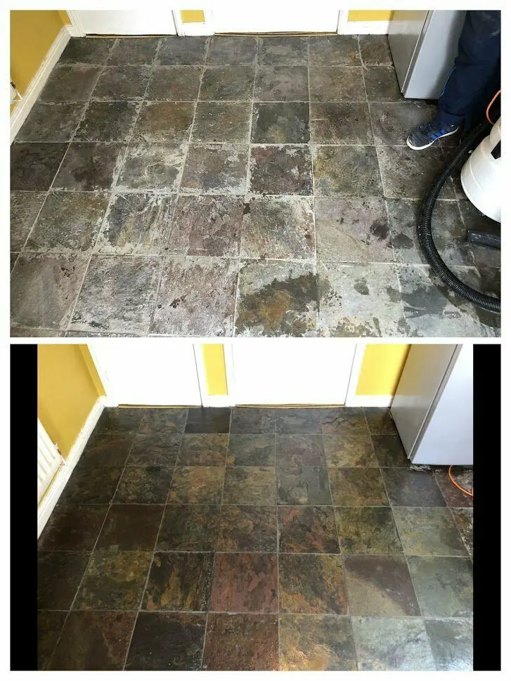 HR Haze remover cleaning a slate floor • Stone floor restoration, Manchester | Hardfloor Restoration HR Haze Remover removing grout staining from poor grouting
