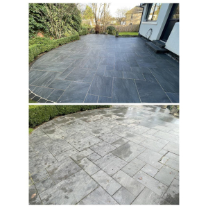 Before and after of porcelain patio: cleaned with HR Total Power Clean and sealed with HR Total Finish Matt, showcasing a subtle tone enhancement. before and after being clean with hr haze remover to bring a stunning finish to the floor.