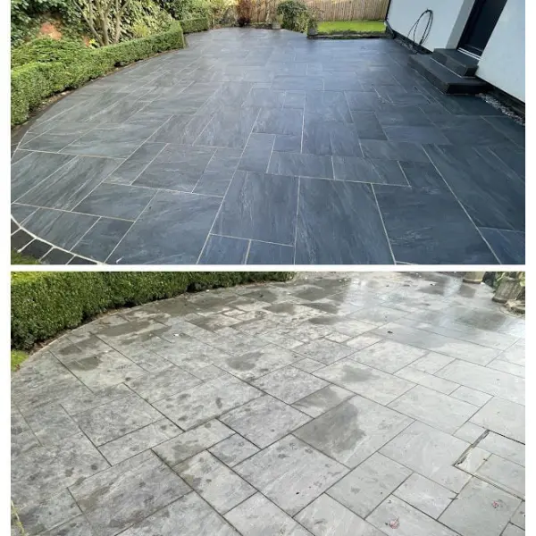 Before and after of porcelain patio: cleaned with HR Total Power Clean and sealed with HR Total Finish Matt, showcasing a subtle tone enhancement. before and after being clean with hr haze remover to bring a stunning finish to the floor.