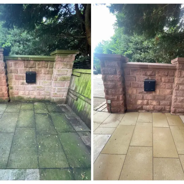 Before and after image of a patio and wall cleaned with HR Total Power Clean, removing dirt, algae, and black spots. our best Patio cleaner uk. also the driveway cleaner HR total power clean is capable of cleaning driveways.