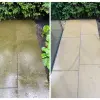 Before and after image of pathway cleaned with HR Total Power Clean, removing algae and dirt.