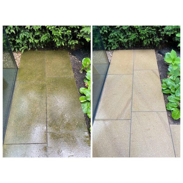 Before and after image of pathway cleaned with HR Total Power Clean, removing algae and dirt.