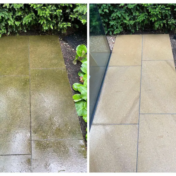 Before and after image of pathway cleaned with HR Total Power Clean, removing algae and dirt.