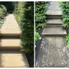 Before and after image of patio cleaner with HR Total Power Clean, removing algae, dirt, and black spots.