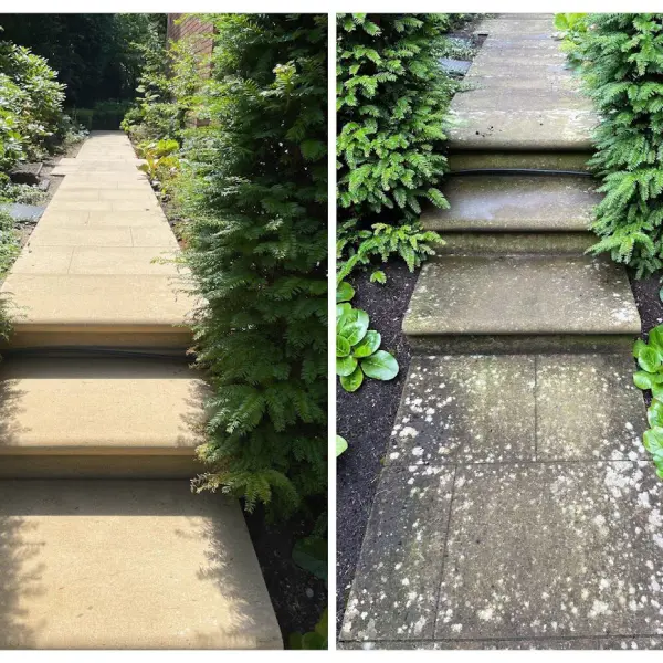 Before and after image of patio cleaner with HR Total Power Clean, removing algae, dirt, and black spots.