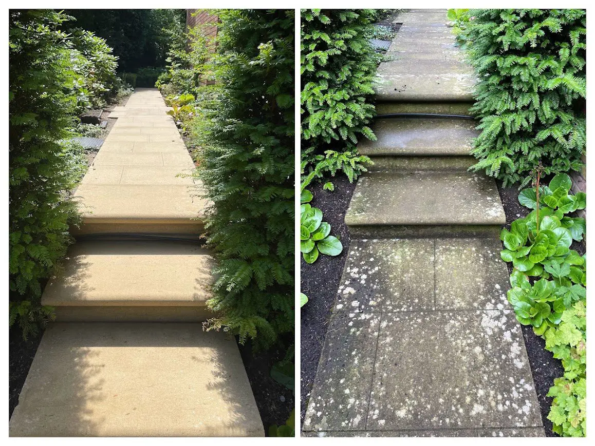 Before and after image of patio cleaned with HR Total Power Clean, removing algae, dirt, and black spots.