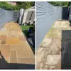 Before and after image of patio cleaned with HR Total Power Clean, removing dirt and black spots.