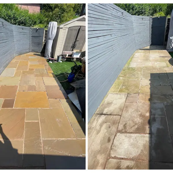 Before and after image of patio cleaned with HR Total Power Clean, removing dirt and black spots.