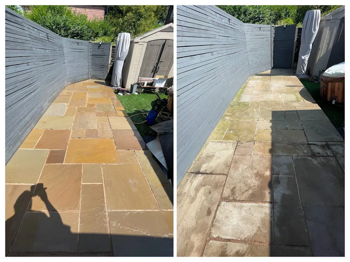 HR Total Power Clean - Before and After Patio Cleaning Before and after image of patio cleaned with HR Total Power Clean, removing dirt and black spots.