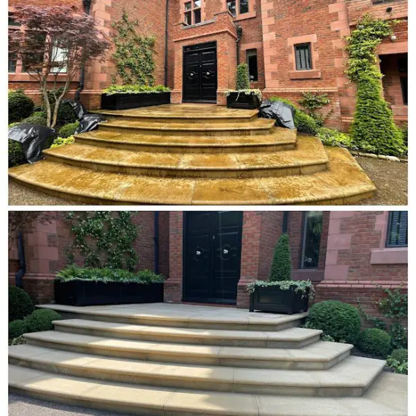 Before and after image of stone steps cleaned with HR Total Power Clean, removing dirt, algae, and lichen.