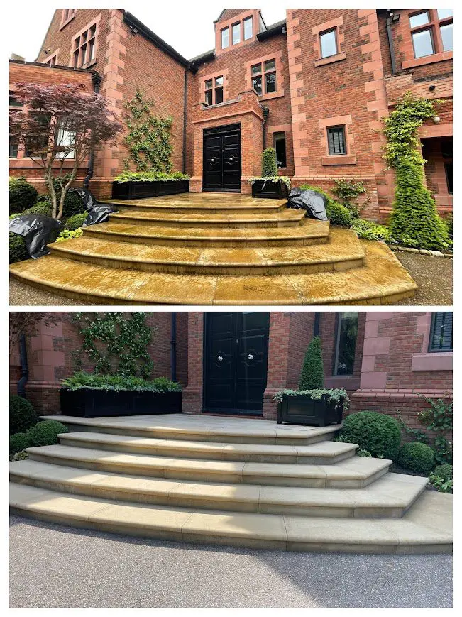 Before and after image of stone steps cleaned with HR Total Power Clean, removing dirt, algae, and lichen.