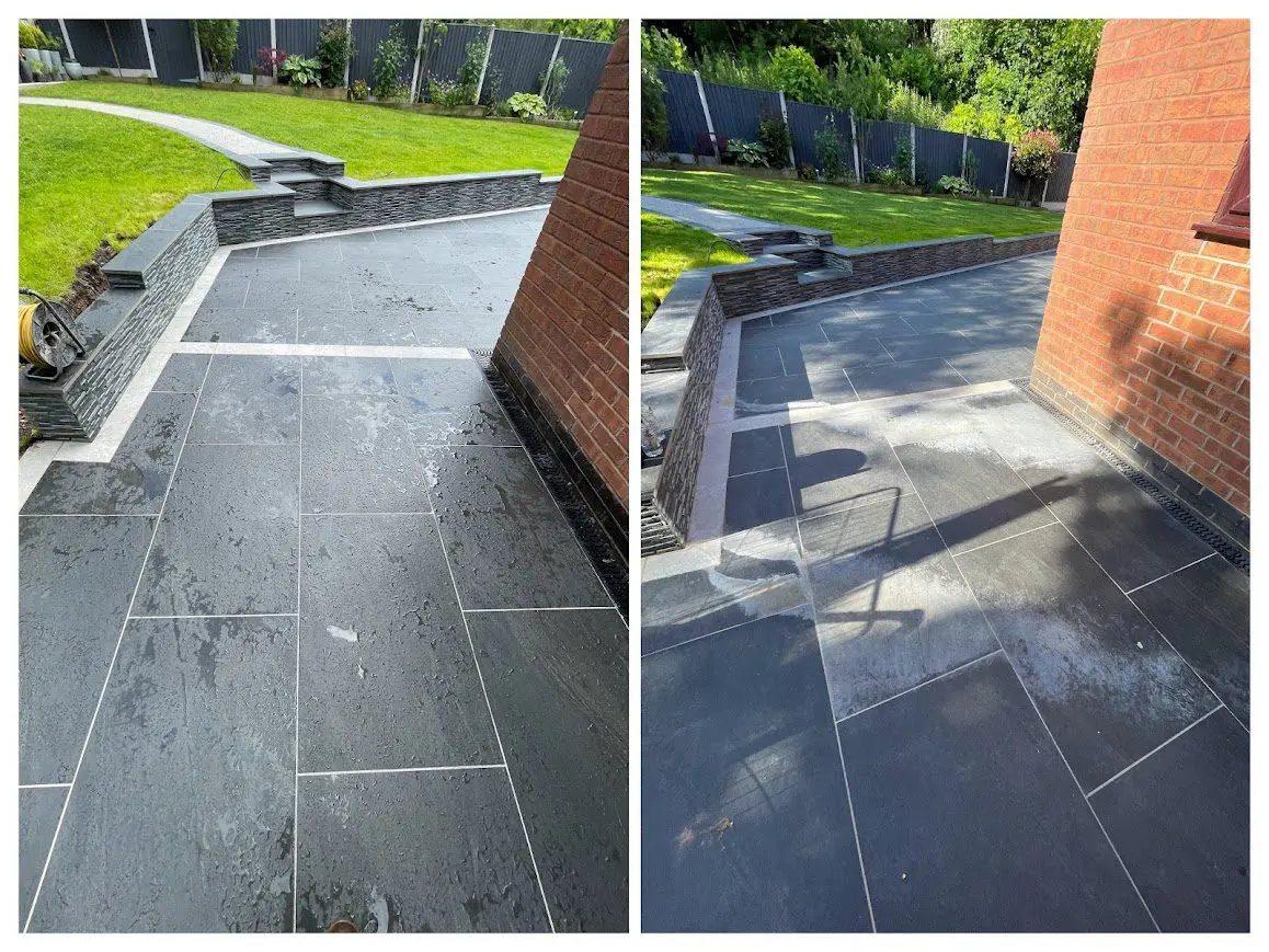 HR Efflorescence & Cement Remover, removing white salts and Efflorescence from this dark porcelain patio.