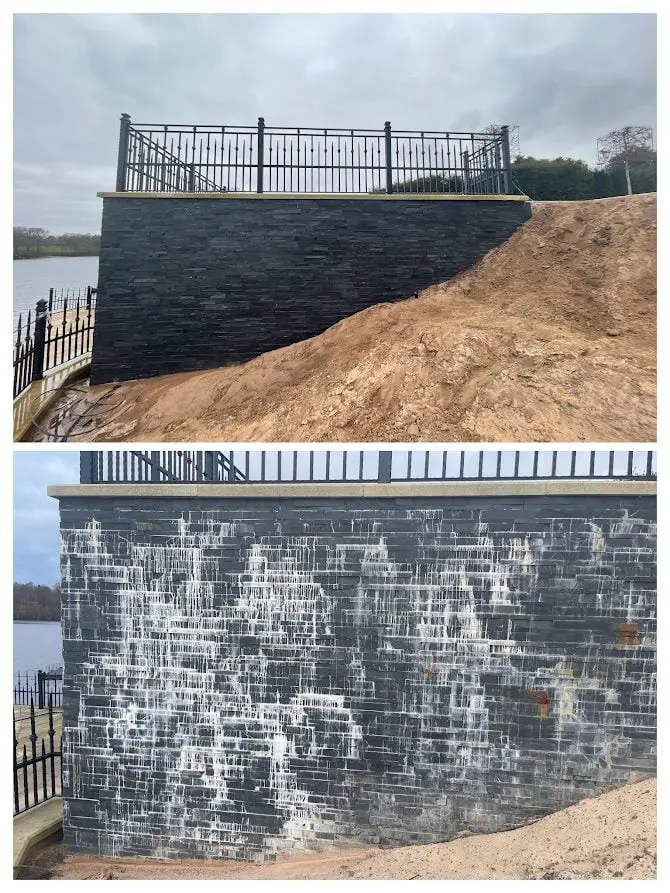 HR EFFLORESCENCE & CEMENT REMOVER removing salts and efflorescence from a slate wall
