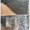 Slate salts removed, cement remover and efflorescence remover before and after image on a slate cladded wall.