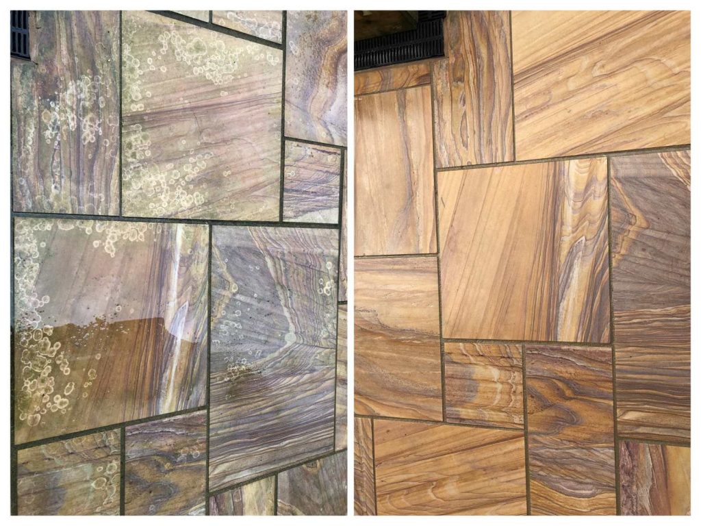 Before and after of dirty sandstone to amazing sandstone. • Stone floor restoration, Manchester | Hardfloor Restoration Before and After Total Power Clean,