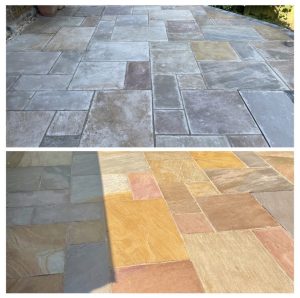 HR Colour Enhnacer Before and after use on a riven sandstone patio, the best patio sealer.