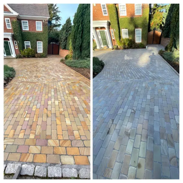 Before and after view of a sandstone cobble drive cleaner with HR Total Power Clean and sealed with HR Colour Enhancer. wet look sealer