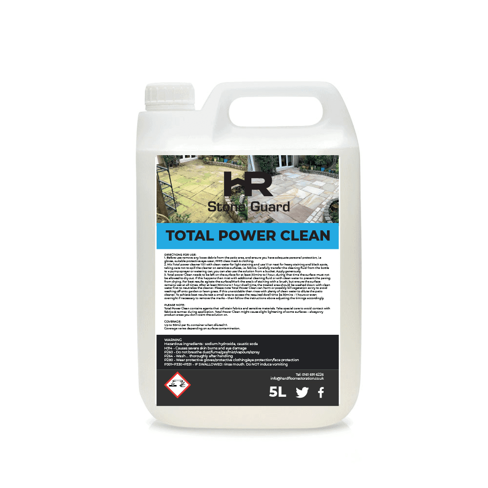 "Bottle of Total Power Clean patio algae remover on a clean, algae-free outdoor surface, showcasing the product's effectiveness."