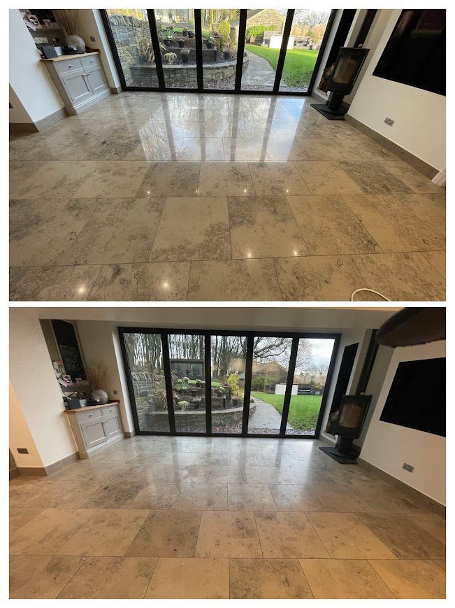 Before and after image of limestone floor being restored by hardfloor restoration's limestone polishing & marble polishing service.