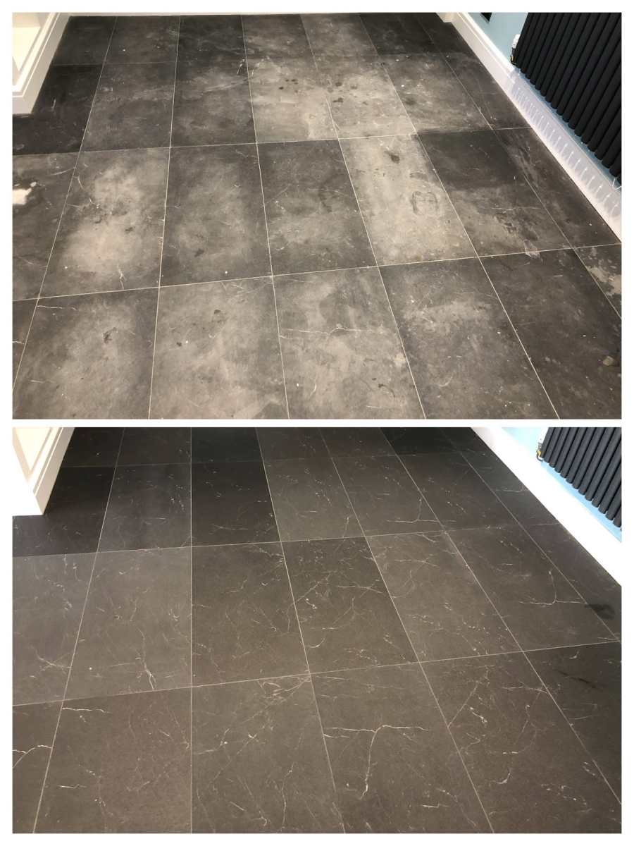 Transform Your Floors with HR Haze Remover Before and after photos showing effective grout haze removal on a stone floor with HR Haze Remover.