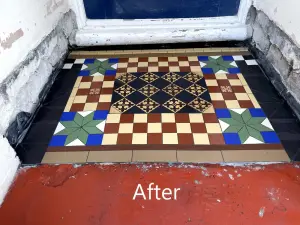 Fully restored Victorian porch entrance with colorful, patterned tiles by Hardfloor Restoration Ltd.