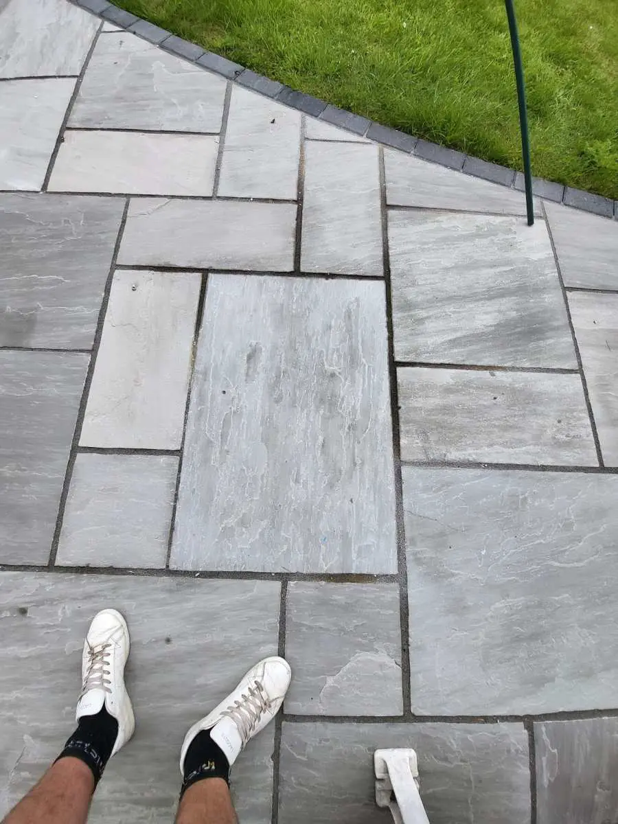 Patio rust removed from sandstone patio • Stone floor restoration, Manchester | Hardfloor Restoration Kandla Grey Sandstone patio with rust and iron staining in the stone that has now been removed with HR Rust Off. the best patio rust remover.