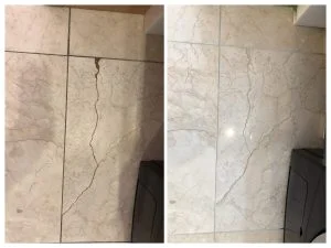 How to Repair Cracked Floor Tile. Before and after of a marble tile repaird by Hardfloor restoration.