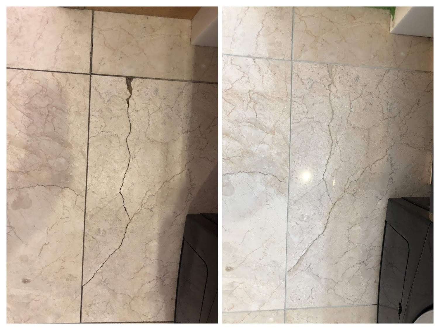 Floor repair project shown as a before and after collage