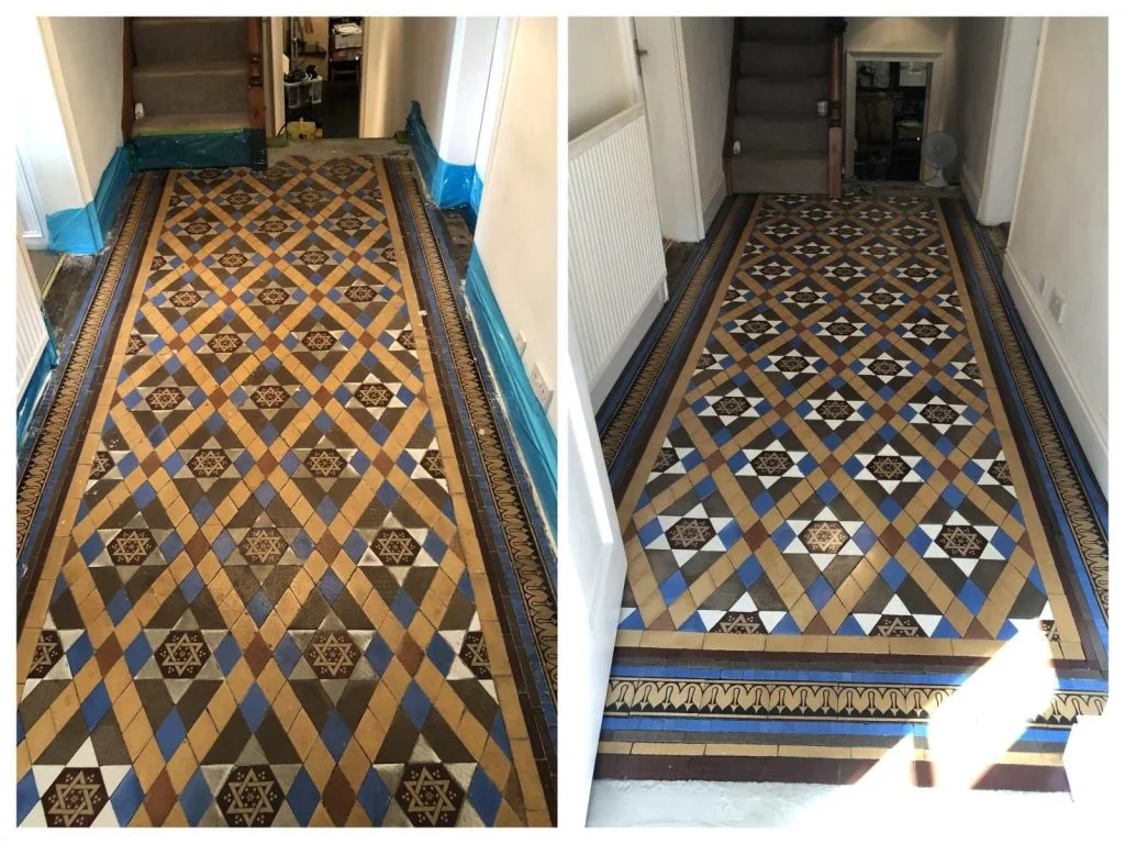before and after of a Victorian floor cleaned and restored by hardfloor restoration, 
