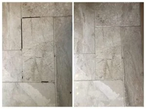 before and after of a marble tile grout repaired by hardfloor restoration .