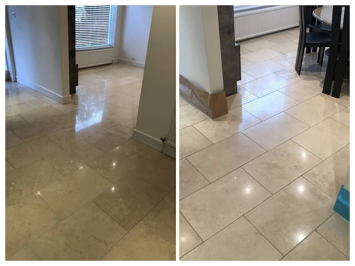 Before After travertine tile repair and repolishing, Travertine floor deep cleaned and restored by hardfloor restoration travertine cleaning service.