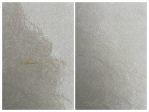 HR Rust off before and after removing rust stains from outdoor furniture on porcelain tiles