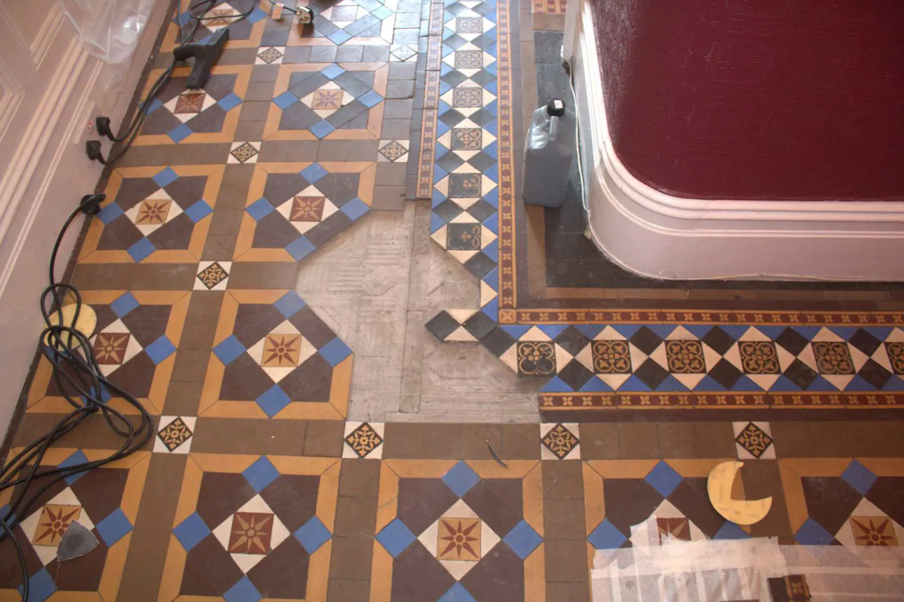 Victorian Tile restoration under way by hardfloor restoration.