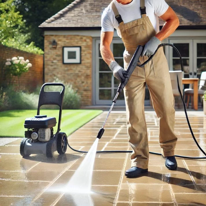 Image of a person cleaning their patio. 