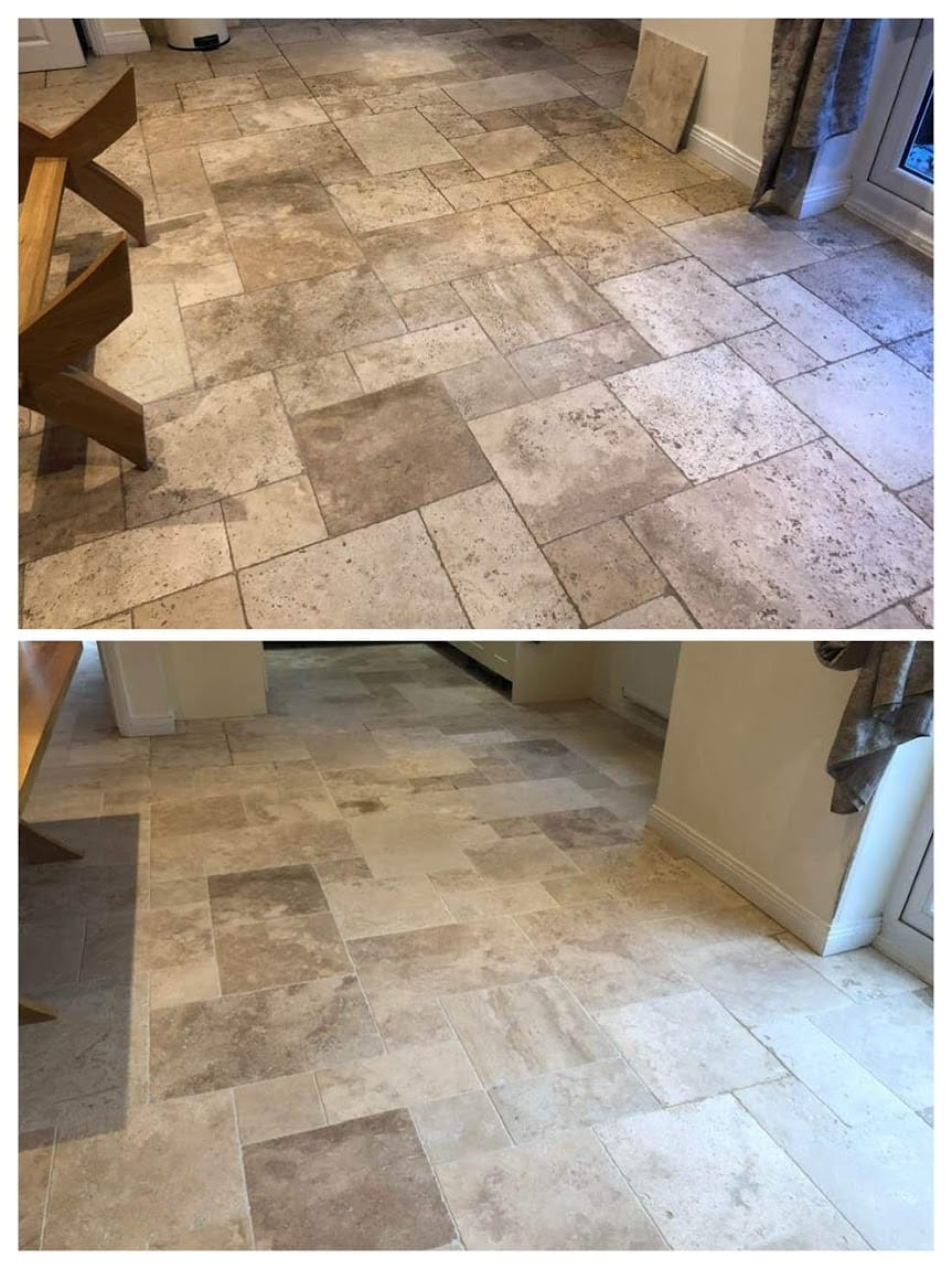 Floor Cleaning travertine tiles with HR Future Clean before and after.