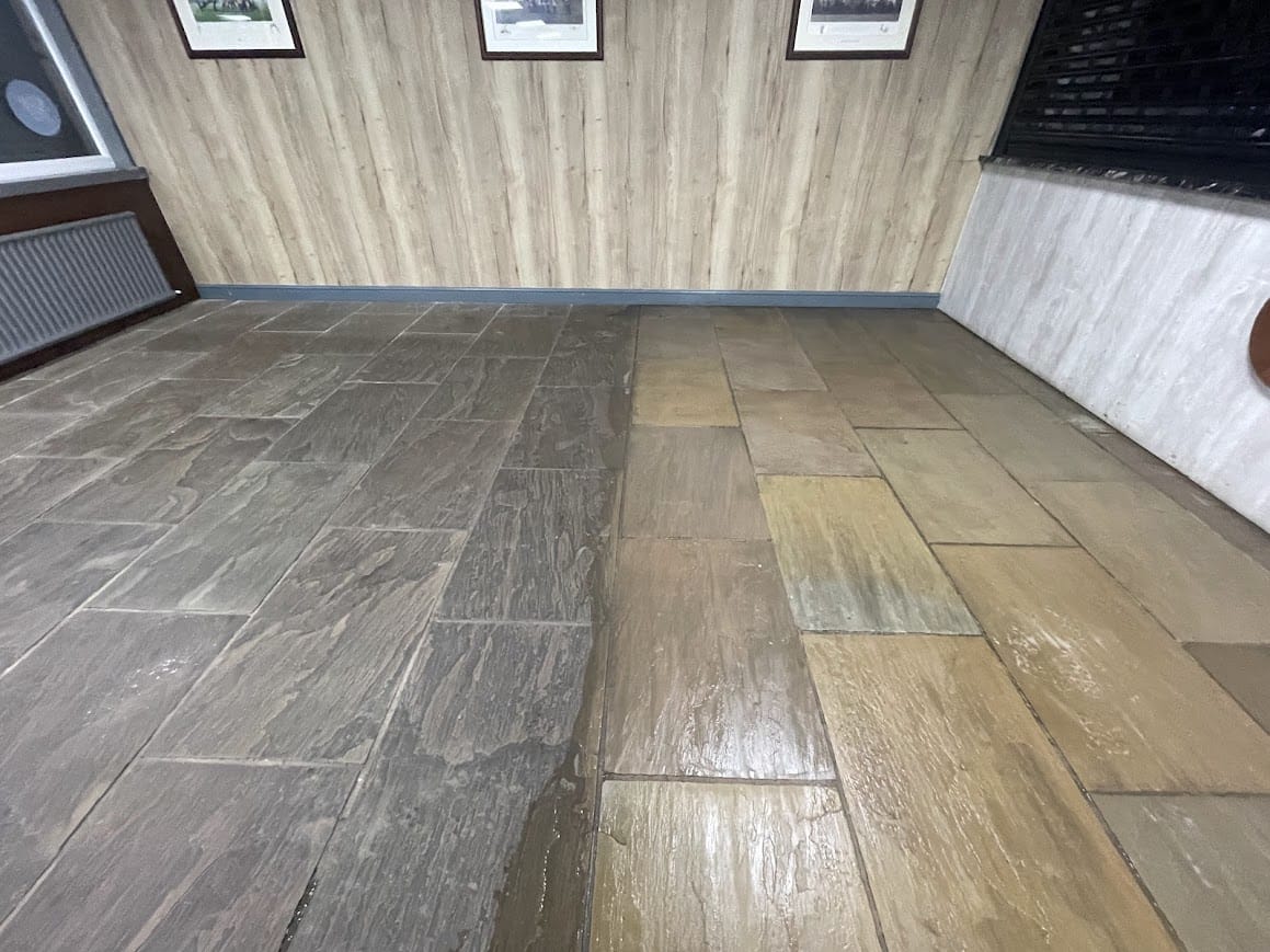 riven sandstone floor half cleaned showing off how good hr future clean really is at removing dirt fast.