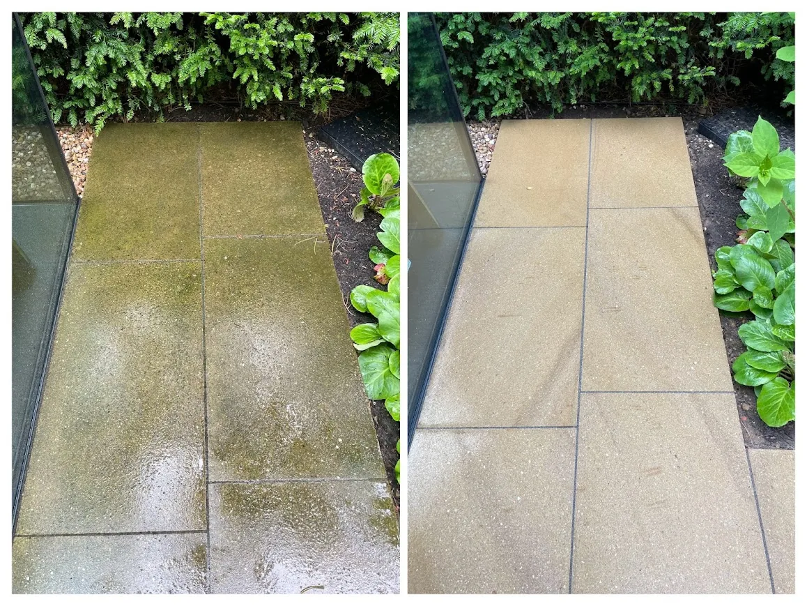 Patio before and after using HR Total Power Clean patio cleaner