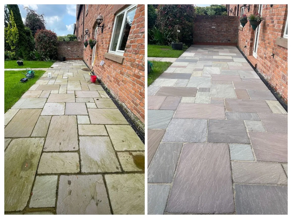 Sandstone patio before and after specialist cleaning