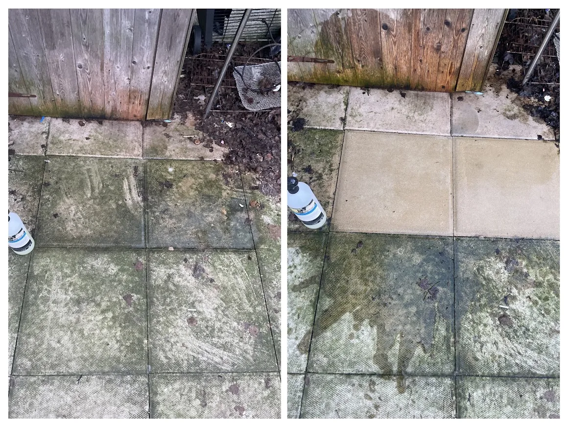 Concrete paving slabs showing a clear treated and untreated contrast