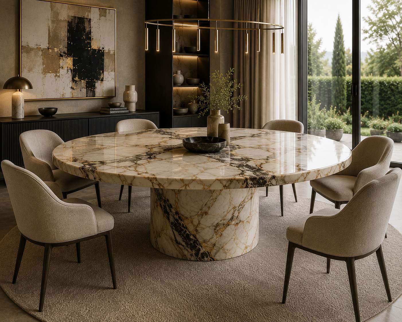Bespoke round Calacatta marble dining table