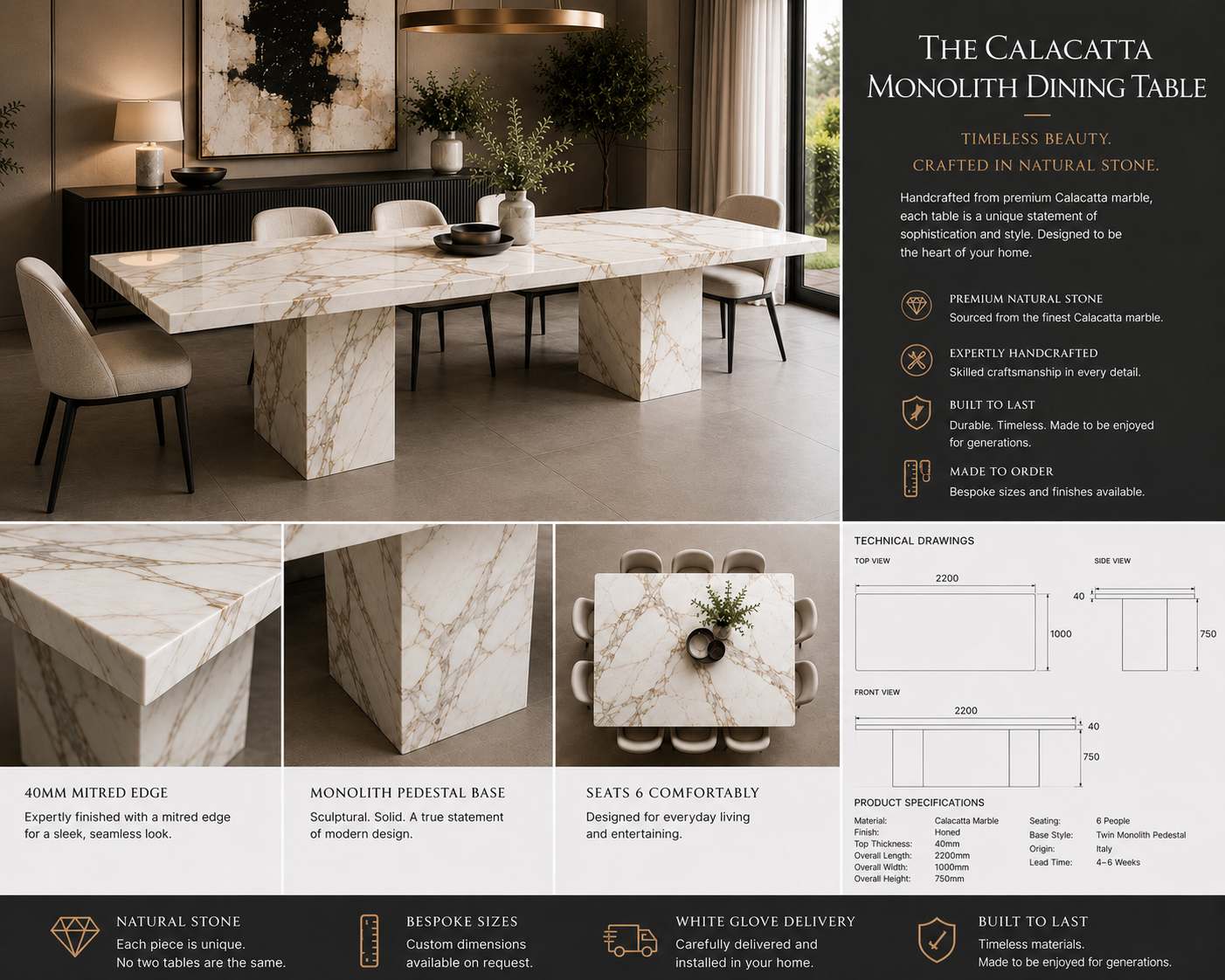 Calacatta bespoke dining table design with size and specification details