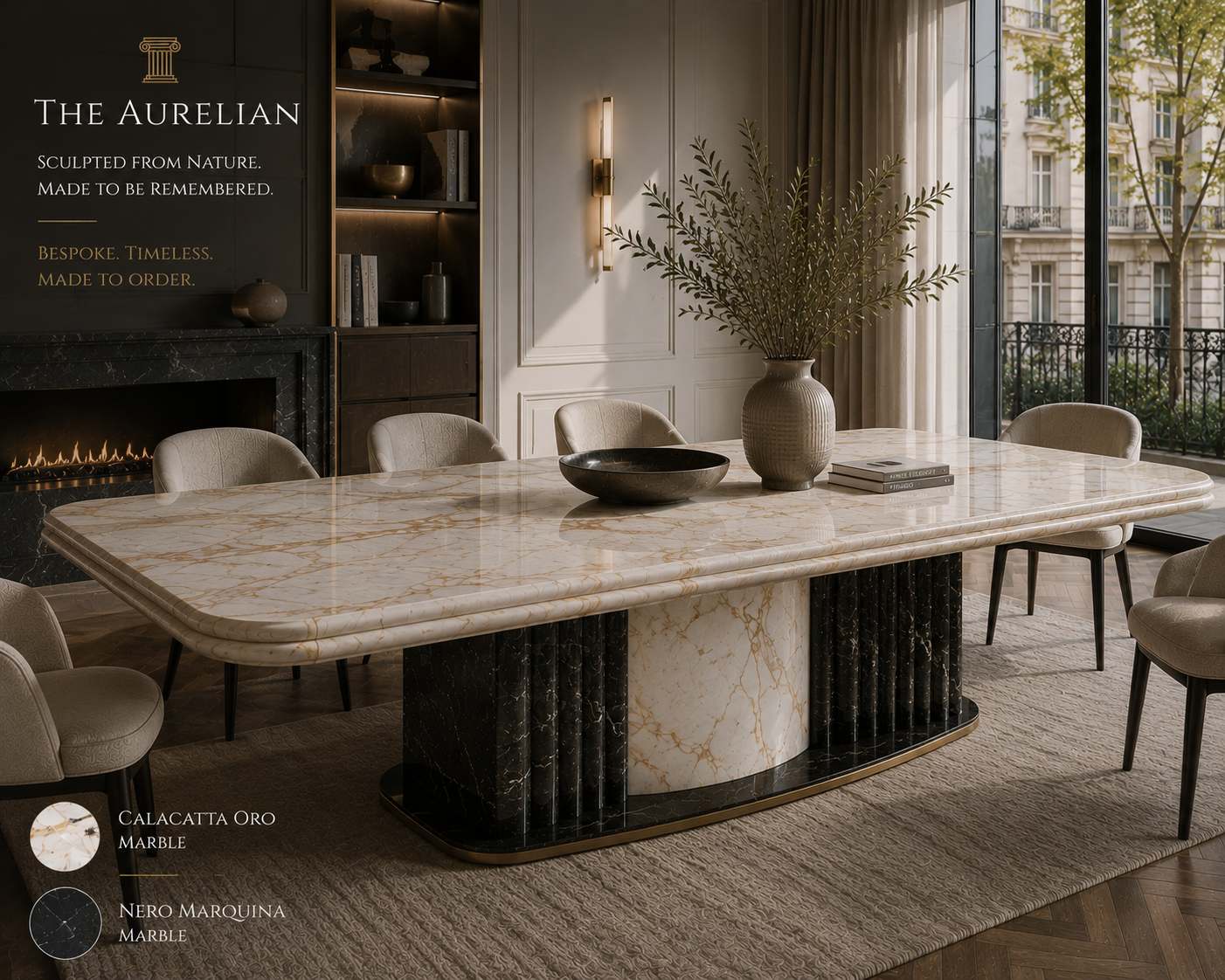 Bespoke Calacatta and Nero marble dining table