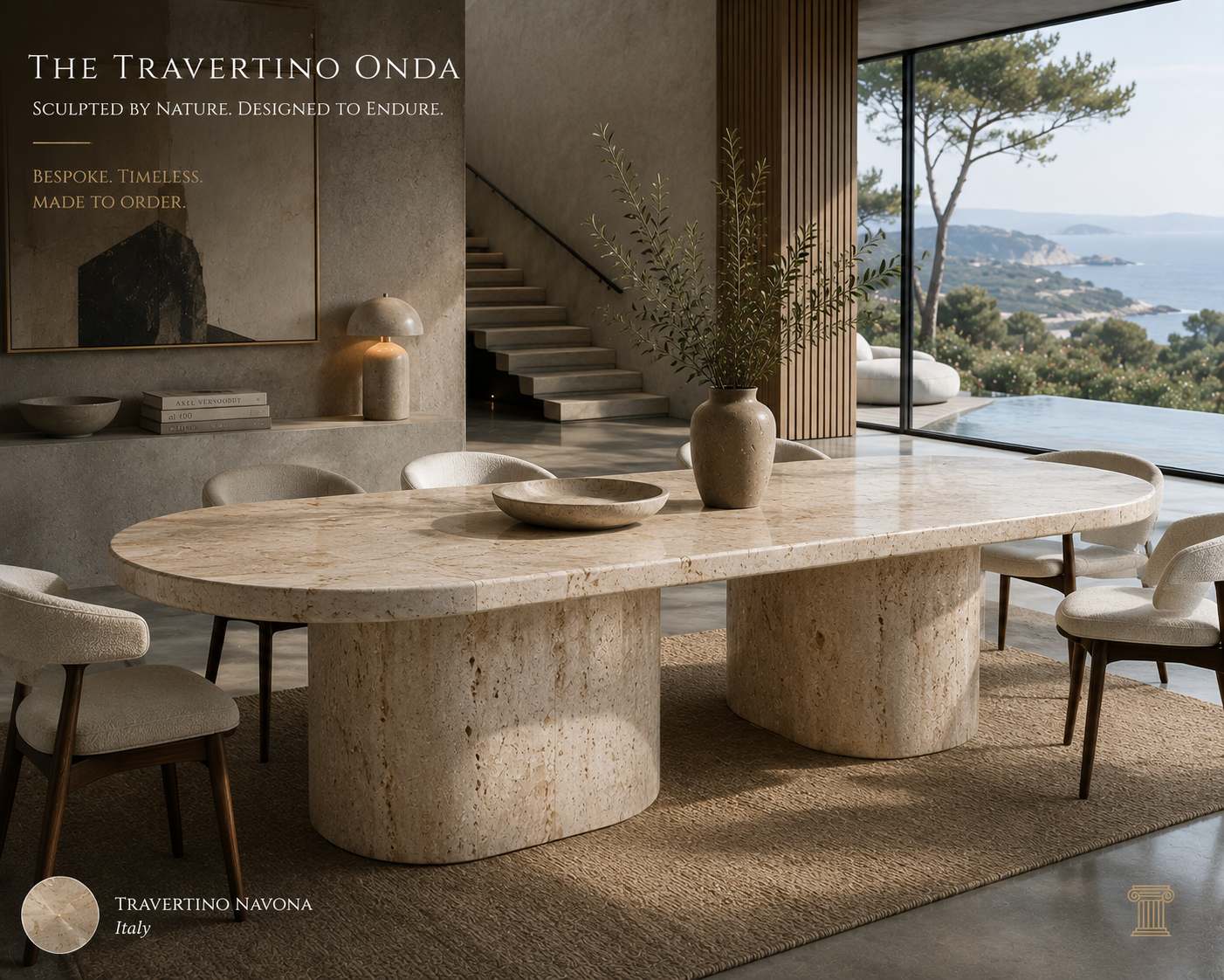 Bespoke natural stone dining table with thick detailed edge