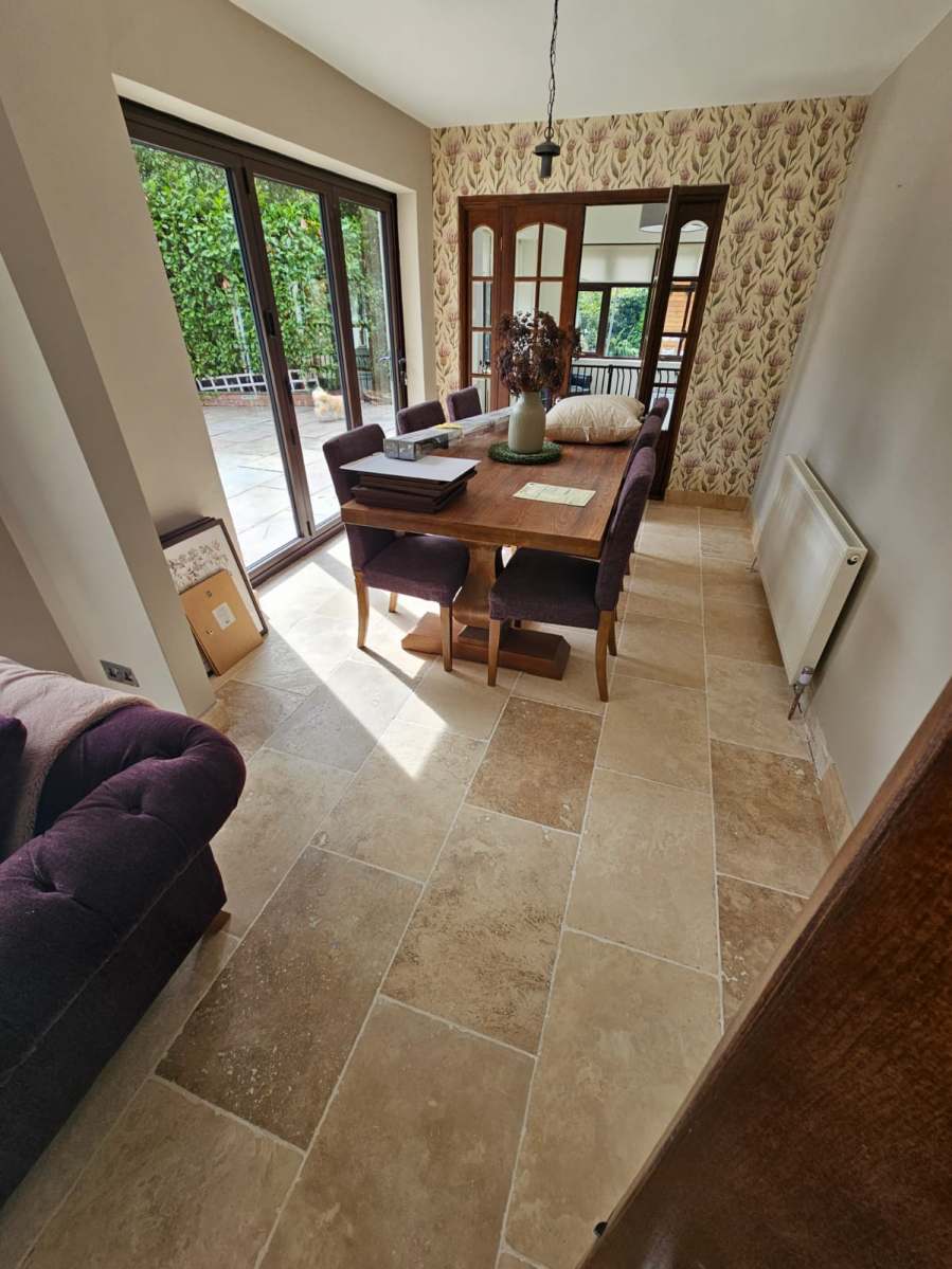 Travertine floor crack repair and polishing